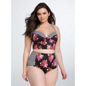 torrid Black Floral & Stripe High-Waist Bikini Set